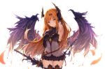  armpits bangs bare_shoulders black_gloves black_wings blonde_hair blurry blush breasts closed_mouth cowboy_shot dark_angel_olivia depth_of_field dress elbow_gloves eyebrows_visible_through_hair gloves granblue_fantasy hair_ornament highres horns looking_at_viewer medium_breasts red_eyes shaded_face sidelocks simple_background sleeveless smile solo suzuame_yatsumi thighhighs white_background wings zettai_ryouiki 