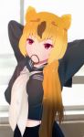  absurdres alternate_costume animal_ears arms_behind_head bad_id bad_pixiv_id black_sailor_collar black_serafuku black_shirt black_skirt circlet contemporary golden_snub-nosed_monkey_(kemono_friends) gradient_hair hair_tie hair_tie_in_mouth highres kemono_friends long_hair long_sleeves midriff_peek monkey_ears mouth_hold multicolored_hair neckerchief orange_hair pleated_skirt ponta_(matsuokazieg) red_eyes sailor_collar school_uniform serafuku shirt skirt solo tying_hair uniform 