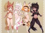  absurdres alternate_costume animal_ears barefoot black_hair black_sports_bra blonde_hair braid braided_tail bridle brown_background brown_eyes brown_sports_bra brown_thoroughbred_(kemono_friends) chestnut_thoroughbred_(kemono_friends) crop_top elbow_gloves extra_ears fingerless_gloves full_body gloves hand_up highres horizontal_pupils horse_ears horse_girl horse_tail japan_racing_association kemono_friends kneehighs kolshica lace_border leggings lineup long_hair multicolored_hair multiple_girls odd_one_out pantyhose serval_(kemono_friends) serval_ears serval_girl serval_print serval_tail short_hair simple_background sports_bra sportswear standing standing_on_one_leg tail thighhighs toeless_legwear white_hair white_sports_bra white_thoroughbred_(kemono_friends) 