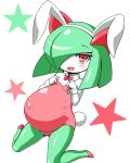  0k0j0 2014 belly big_belly blush bow bunny_costume clothing costume fangs female green_hair green_skin hair hair_over_eye hi_res horn humanoid kirlia kneeling looking_at_viewer multicolored_skin nintendo not_furry open_mouth open_smile pok&eacute;mon pok&eacute;mon_(species) pregnant red_eyes simple_background smile solo star tight_clothing two_tone_skin video_games white_background white_skin 