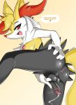  1girl anus braixen breasts fangs furry futanari grabbing_own_ass looking_down medium_breasts naughty_face nipples nude open_mouth penis pokemon precum presenting red_eyes shadowill simple_background testicles text uncensored 