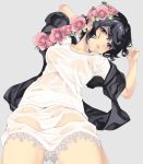  arms_up bangs black_hair blue_eyes blush breasts collarbone flower foreshortening grey_background hair_flower hair_ornament hand_behind_head head_tilt lips looking_at_viewer lying medium_breasts naruse_hirofumi no_bra no_panties on_back open_mouth original pink_flower pink_rose rose see-through shawl shiny shiny_hair shirt short_hair simple_background skirt solo thighs wet wet_clothes wet_shirt wet_skirt white_shirt white_skirt 