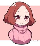  blush brown_eyes brown_hair commentary_request do_m_kaeru okumura_haru persona persona_5 pink_sweater ribbed_sweater smile solo sweater turtleneck turtleneck_sweater twitter_username upper_body 