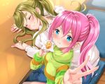  2girls aqua_eyes blush cropped food green_hair inuyama_aoi kagamihara_nadeshiko long_hair pink_hair ponytail swordsouls yuru_camp 