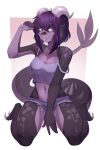  2018 5_fingers abstract_background anthro big_claws black_scales black_tail breasts claws clothed clothing crop_top digital_media_(artwork) dragon ear_fins female fin front_view full-length_portrait hair hi_res horn iwbitu kneeling long_tail looking_at_viewer midriff multicolored_scales navel non-mammal_breasts portrait purple_bottomwear purple_clothing purple_eyes purple_hair purple_horn purple_scales purple_shirt purple_shorts purple_topwear scales scalie shirt shorts slit_pupils smile solo spikes tail_fin thick_tail toe_claws toes two_tone_scales yubi_clearsky 