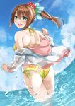  ass bikini blue_sky brown_hair cloud commentary_request day floral_print from_behind green_bikini green_eyes highres hood hooded_jacket hoodie jacket lens_flare long_hair moe2018 open_mouth original outdoors ponytail running sakuma_shiiya sky smile solo splashing swimsuit water white_jacket 