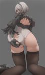  adjusting_clothes adjusting_leotard ass back_cutout black_blindfold black_hairband black_legwear blindfold boots_removed commentary covered_eyes facing_back feather-trimmed_sleeves from_behind gloves grey_background hairband highleg highleg_leotard juliet_sleeves kneeling leotard long_sleeves looking_back nier_(series) nier_automata puffy_sleeves rabbit_(wlsdnjs950) short_hair silver_hair simple_background skindentation solo thighhighs thighs turtleneck yorha_no._2_type_b 
