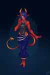  2018 alrik blue_hair clothed clothing demon footwear hair hair_over_eye horn humanoid long_ears male not_furry pants pointy_ears red_skin shirt shoes solo spade_tail urw veil yellow_eyes 