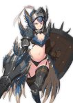  armor armored_boots bikini_armor black_legwear black_panties blue_hair boots breasts brown_gloves capcom cleavage dragon_horns garter_straps gloves greaves helmet hong_soon-jae horns lance looking_at_viewer monster_hunter monster_hunter:_world navel panties pauldrons polearm rathalos_(armor) red_eyes shield shoulder_armor small_breasts smile solo spikes standing standing_on_one_leg thighhighs underwear weapon 