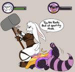  anthro butt clothing crisstail domination duo facesitting female female_domination hammer invalid_tag lagomorph mammal procyonid rabbit raccoon scirocco sitting tectael tools weapon wrestling 