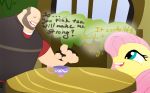  beverage crossover dialogue duo english_text equine eye_contact female fluttershy_(mlp) food friendship_is_magic happy heavy_(team_fortress_2) horse male mammal my_little_pony pony psychroculus table tea team_fortress_2 text valve video_games 