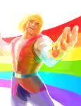  2011 amazing belt blonde_hair brekkist clothed clothing eyes_closed hair happy he-man human human_only humor male mammal masters_of_the_universe meme not_furry open_mouth open_smile rainbow reaction_image smile solo 