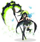  :d absurdres bangs bare_arms bare_shoulders black_dress black_hair black_hat black_legwear blush breasts commentary_request dress eyebrows_visible_through_hair green_eyes green_footwear hair_between_eyes hat high_heels highres hitodama holding holding_scythe holding_weapon long_hair looking_at_viewer medium_breasts open_mouth original outstretched_arms sakura_chiyo_(konachi000) scythe shinigami shoes sideboob sleeveless sleeveless_dress smile solo standing standing_on_one_leg thighhighs upper_teeth very_long_hair weapon white_background witch_hat 