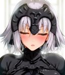  bangs black_dress blurry blurry_background blush chain closed_eyes closed_mouth depth_of_field dress eyebrows_visible_through_hair facing_viewer fate/apocrypha fate/grand_order fate_(series) hair_between_eyes headpiece heart heavy_breathing incoming_kiss jeanne_d'arc_(alter)_(fate) jeanne_d'arc_(fate)_(all) kojima_saya lips nose_blush short_hair signature silver_hair solo translation_request 