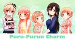  arisugawa_rin black_hair blonde_hair copyright_name enjouji_yui hair_ornament hairband highres izayoi_kanon kidanieru long_hair multiple_girls okonogi_tomomi puru_purun_charm short_hair smile usami_hina_(puru_purun_charm) 