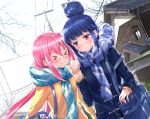  2girls blue_hair blush cropped food kagamihara_nadeshiko long_hair pink_hair purple_eyes scarf shima_rin swordsouls yuru_camp 