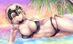  ahoge bikini black_bikini blonde_hair blush breasts choker cleavage collarbone commentary evening eyebrows_visible_through_hair fate/grand_order fate_(series) front-tie_top headpiece jeanne_d'arc_(alter)_(fate) jeanne_d'arc_(fate)_(all) large_breasts looking_at_viewer lying nasaniliu navel ocean on_side outdoors palm_tree parted_lips shiny shiny_hair shiny_skin short_hair side-tie_bikini smile solo swimsuit teeth tree water wet yellow_eyes 