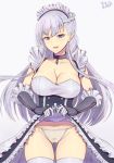  absurdres apron ass_visible_through_thighs azur_lane band-width bangs belfast_(azur_lane) belly_peek black_gloves blue_eyes braid breasts chain cleavage collar collarbone corset cowboy_shot elbow_gloves eyebrows_visible_through_hair french_braid frilled_apron frills gloves highres large_breasts lifted_by_self long_hair looking_at_viewer maid maid_apron maid_headdress panties parted_lips pubic_hair pussy see-through sidelocks signature simple_background skirt skirt_lift smile solo standing thighhighs underwear white_apron white_gloves white_hair white_legwear white_panties 