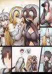  3girls absurdly_long_hair ahoge black_gloves blonde_hair blush bodysuit breasts brown_hair chaldea_combat_uniform cleavage clueless colonel_sanders comic commentary faceless faceless_male fate/grand_order fate_(series) flying_sweatdrops fujimaru_ritsuka_(male) ginhaha gloves hand_to_own_mouth headpiece jeanne_d'arc_(alter)_(fate) jeanne_d'arc_(fate) jeanne_d'arc_(fate)_(all) jeanne_d'arc_alter_santa_lily lavender_eyes long_hair medium_breasts multiple_girls ronald_mcdonald shaded_face short_hair silver_hair smile very_long_hair yellow_eyes 