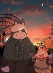  amusement_park anthro balloon brown_fur canine clothed clothing cloud crescent_moon cub dusk female ferris_wheel fox fur gloves green_eyes grey_fur hand_holding jacket kemono male mammal moon outside rantan_chan red_eyes rollercoasters scarf skirt sky slightly_chubby tenshi_chan tree umeda white_fur young 