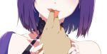  arakuma_(wildbearsan) blush close-up collarbone commentary_request fate/grand_order fate_(series) hands head_out_of_frame oni out_of_frame portrait pov pov_hands purple_hair saliva short_hair shuten_douji_(fate/grand_order) simple_background single_bare_shoulder smile solo_focus tongue tongue_grab tongue_out white_background 