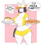  2018 absurd_res anthro big_breasts black_hair blue_eyes blush_sticker breasts canine canine_humanoid cleavage clothed clothing ear_piercing female food hair hat hi_res huge_breasts maggie_applebee mammal midriff navel piercing pizza shorts sweat theycallhimcake trays 