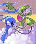  black_eyes blue_skin commentary creature gardevoir gen_3_pokemon green_skin no_humans pointing pokemon pokemon_(creature) purple_background purple_eyes reins riding serious twarda8 watermark web_address 