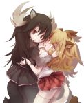  absurdres animal_ears antlers blonde_hair brown_hair eyebrows_visible_through_hair fur_collar hand_on_another's_face highres hug kemono_friends kolshica lion_(kemono_friends) lion_ears lion_tail long_hair long_sleeves moose_(kemono_friends) moose_ears moose_tail multiple_girls open_mouth pantyhose pleated_skirt scarf short_sleeves skirt smile sweater tail thighhighs 