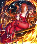  1girl ass astaroth_(taimanin_asagi) bare_shoulders breasts cleavage curvy dress female fire grin huge_ass huge_breasts lilith-soft long_hair looking_at_viewer magic no_bra potion_(moudamepo) red_hair shiny shiny_skin sideboob sitting smile solo taimanin_(series) taimanin_asagi taimanin_asagi_battle_arena thick_thighs thighs yellow_eyes 