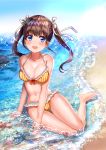  :d barefoot beach bikini blue_eyes blue_sky blush breasts brown_hair cleavage collarbone day eyebrows_visible_through_hair floating_hair frilled_bikini frills front-tie_top full_body groin hair_ribbon highres long_hair looking_at_viewer medium_breasts moe2018 navel ocean open_mouth original outdoors partially_submerged ribbon sitting sky smile solo soramame_tomu sparkle starfish striped swimsuit thigh_gap twintails vertical-striped_bikini vertical_stripes water water_drop white_ribbon yellow_bikini yokozuwari 