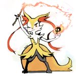  braixen commentary creature fire flaming_skull gen_6_pokemon hexed holding_stick legs_apart looking_at_viewer no_humans one_eye_closed orange_eyes pokemon pokemon_(creature) pokemon_(game) pokemon_xy shadow signature simple_background skull smile solo standing white_background 