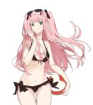  aiko_(kanl) alternate_hairstyle ass_visible_through_thighs ball beachball bikini black_swimsuit breasts darling_in_the_franxx frilled_bikini frills green_eyes hair_ribbon hairband horns long_hair medium_breasts pink_hair ribbon side-tie_bikini solo straight_hair sunglasses swimsuit two_side_up white_hairband work_in_progress zero_two_(darling_in_the_franxx) 