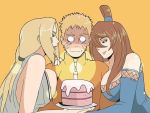  1boy 2girls age_difference bare_shoulders between_breasts blonde_hair blue_eyes breasts brown_hair green_eyes indy_riquez large_breasts multiple_girls naruto naruto_shippuuden older_on_younger parted_lips smile terumi_mei tsunade uzumaki_naruto 