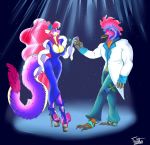  absurd_res anthro avian bird breasts chicken claws cleavage clothed clothing dancing dinosaur dress female fruitybootyraptor hi_res male rose_(fbr) toe_claws winston_arthur 
