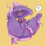  2017 ? anus blush butt clitoris female floating ghost hat hua113 legs_up looking_down mismagius nintendo not_furry open_mouth open_smile plump_labia pok&eacute;mon pok&eacute;mon_(species) pok&eacute;morph presenting presenting_anus presenting_hindquarters presenting_pussy purple_body pussy red_eyes simple_background smile solo speech_bubble spirit spread_legs spread_pussy spreading tan_background thick_thighs video_games yellow_sclera 