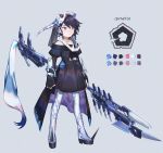 bad_id bad_pixiv_id bangs bare_shoulders black_dress black_hair boots closed_mouth collarbone dress grey_background grey_footwear grey_legwear holding holding_weapon horn huge_weapon juliet_sleeves long_sleeves off-shoulder_dress off_shoulder original pentagon_(shape) pleated_dress puffy_sleeves purple_eyes short_hair sleeves_past_wrists solo spiked_boots standing thigh_boots thighhighs veil weapon yai_(hachihito) 