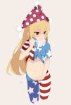  1girl absurdres american_flag_legwear american_flag_shirt blonde_hair blush clownpiece commentary_request cropped_legs grey_background hat highres jester_cap long_hair looking_away pantyhose parted_lips red_eyes saryuu_(iriomote) short_sleeves signature simple_background solo standing stomach striped striped_legwear sweat touhou undressing 