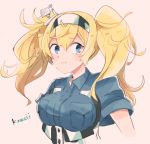  blonde_hair blue_eyes blue_shirt blush breasts closed_mouth commentary_request eyebrows_visible_through_hair gambier_bay_(kantai_collection) hair_between_eyes headband itomugi-kun kantai_collection large_breasts long_hair looking_at_viewer pink_background shirt short_sleeves simple_background solo twintails 