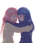  :d backlighting blue_hair closed_eyes closed_mouth coat forehead-to-forehead hair_ornament hairclip happy hetareeji highres hug kagamihara_nadeshiko long_hair multiple_girls open_mouth pink_hair shima_rin simple_background smile upper_body white_background yuri yurucamp 