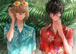  adjusting_eyewear akechi_gorou amamiya_ren bangs black_hair blue_shirt brown_eyes brown_hair buttons closed_mouth collarbone collared_shirt day eyebrows_visible_through_hair eyewear_on_head fern floral_print hawaiian_shirt jewelry leaf looking_at_viewer male_focus multiple_boys necklace outdoors persona persona_5 pink-tinted_eyewear red_shirt sawa2 shirt smile sunglasses tinted_eyewear wing_collar yellow-tinted_eyewear 