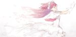  absurdres bad_id bad_pixiv_id bangs closed_eyes closed_mouth commentary dress from_side hair_ribbon highres kaname_madoka long_hair mahou_shoujo_madoka_magica misteor outstretched_arms red_hair ribbon short_sleeves sketch solo ultimate_madoka white_background white_dress white_ribbon 