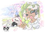  casual cephalopod_eyes commentary_request crown dango dark_skin eating food green_hair hanami hime_(splatoon) iida_(splatoon) inoue_seita logo lying mole mole_under_mouth multiple_girls official_art on_side pink_hair sanshoku_dango shirt splatoon_(series) splatoon_2 t-shirt tentacle_hair v wagashi 