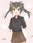  :d animal_ears brown_skirt cat_ears commentary green_eyes green_hair highres japanese_clothes kantai_collection long_hair looking_at_viewer open_mouth pink_background remodel_(kantai_collection) shun_(syun_y1117) simple_background skirt smile solo twintails zuikaku_(kantai_collection) 