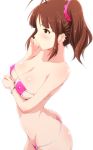  akizuki_ritsuko antenna_hair arched_back arm_under_breasts ass bangs bare_shoulders bikini blush bracelet breast_hold breasts brown_hair cleavage collarbone commentary covered_nipples ear_piercing eyepatch_bikini hand_on_own_cheek hips idolmaster idolmaster_(classic) jewelry medium_breasts parted_bangs piercing pink_bikini pink_scrunchie scrunchie side_ponytail sidelocks simple_background solo standing swimsuit tengu_(tetuo_kun) thong_bikini white_background 