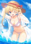  ;d arm_up bangs bikini blonde_hair blue_eyes blue_sky breasts cleavage cloud collarbone commentary_request day eyebrows_visible_through_hair hair_between_eyes hair_bobbles hair_ornament hat highres jacket leaning_forward long_hair long_sleeves looking_at_viewer medium_breasts moe2018 ocean one_eye_closed open_clothes open_jacket open_mouth original outdoors rennkuu side-tie_bikini sky smile solo straw_hat sun_hat swimsuit twintails v_over_eye water wet_jacket white_bikini white_jacket 