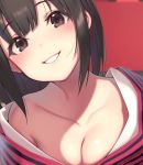  bangs black_hair blush breasts brown_eyes cleavage collarbone commentary_request eyebrows_visible_through_hair face head_tilt hinamatsuri japanese_clothes kimono looking_at_viewer medium_breasts off_shoulder official_art original parted_lips pokachu red_background short_hair simple_background smile solo tareme upper_body 