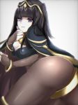  aone_hiiro ass bad_proportions bangle black_hair bodystocking bodysuit bracelet breasts bridal_gauntlets cape circlet cleavage covered_navel fire_emblem fire_emblem:_kakusei jewelry magic skin_tight solo tharja thighs tiara two_side_up 