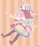  :d axe backpack bag black_legwear blue_eyes flat_color full_body hetareeji highres kagamihara_nadeshiko open_mouth outline pantyhose pink_hair plaid plaid_skirt pointing scarf shoes simple_background skirt smile solo striped striped_background stuffed_animal stuffed_toy teddy_bear vertical-striped_background vertical_stripes white_outline yurucamp 