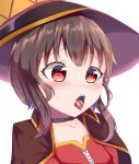  absurdres black_hair blush hat heart heart-shaped_pupils highres kono_subarashii_sekai_ni_shukufuku_wo! looking_at_viewer megumin open_mouth red_eyes ryuu_shuo saliva short_hair_with_long_locks sweat symbol-shaped_pupils tongue tongue_out witch_hat 