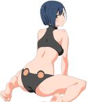  ass barefoot darling_in_the_franxx green_eyes hair_ornament hairclip ichigo_(darling_in_the_franxx) looking_at_viewer looking_back simple_background sitting solo sports_bra wariza white_background zourion 